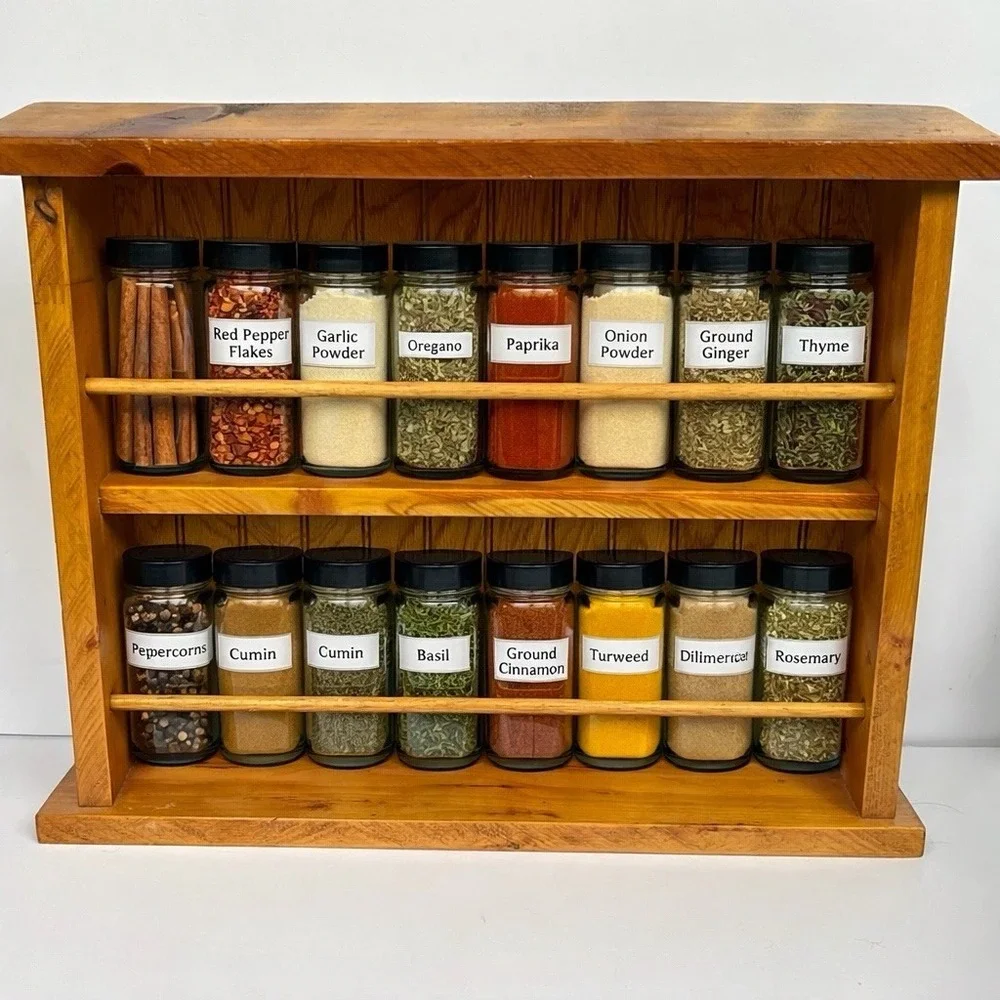 VTG Wood Wall Shelf Spice Rack Rustic Farmhouse Hanging Display 20x16 w/ Rails